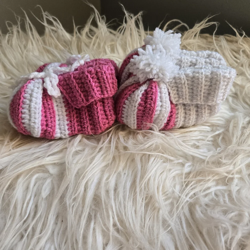 Pink and White Striped Baby Booties Handmade